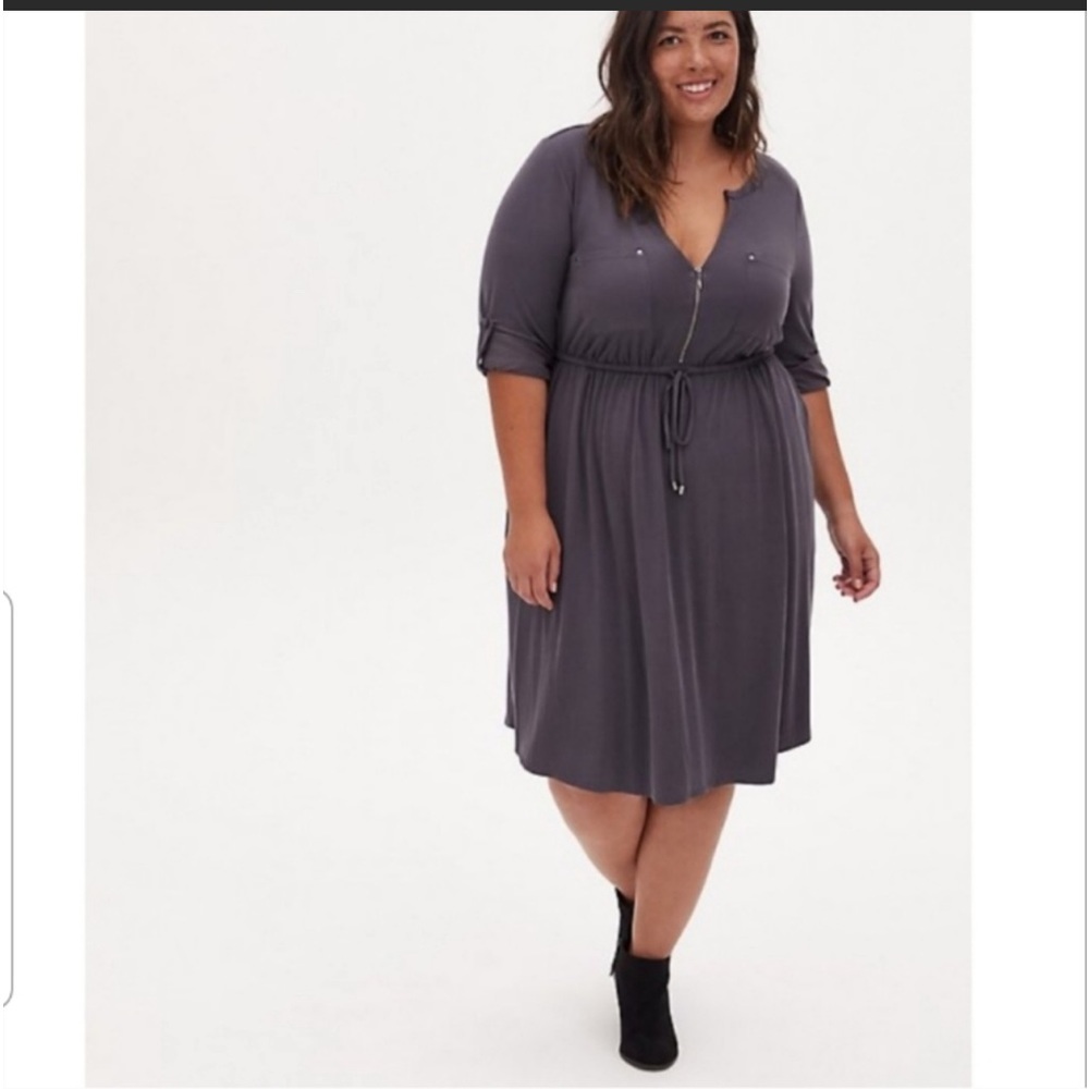 TORRID ZIP FRONT DRAWSTRING GRAY SHIRT DRESS